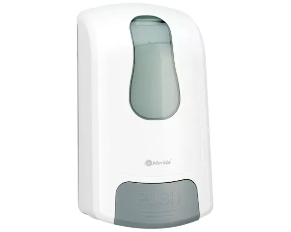 Dozownik mydła w płynie MERIDA ONE, pojemność zbiornika 1000 ml, tworzywo ABS, biały Dozownik mydła Merida ONE DEB103 – biały ABS, 1000 ml, regulowana doza