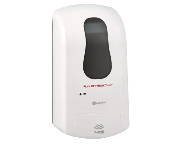 Bezdotykowy automatyczny dozownik płynu dezynfekcyjnego w sprayu MERIDA ONE, na jednorazowe wkłady 1000 ml, tworzywo ABS, biały Biały dozownik dezynfekcyjny MERIDA ONE zamykany na kluczyk ABS