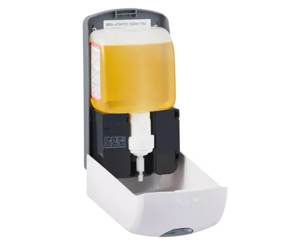 Bezdotykowy automatyczny dozownik płynu dezynfekcyjnego w sprayu MERIDA ONE, na jednorazowe wkłady 1000 ml, tworzywo ABS, biały Dozownik dezynfekcyjny MERIDA ONE z czujnikiem zbliżeniowym na ścianę