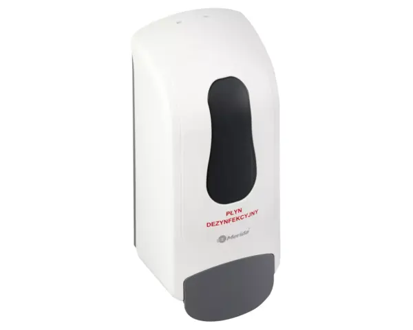 Dozownik płynu dezynfekcyjnego MERIDA ONE, na jednorazowe wkłady 700 ml z płynem dezynfekcyjnym MERIDA POLANA DDR+, tworzywo ABS, biały Biały dozownik dezynfekcyjny MERIDA ONE z tworzywa ABS na ścianę