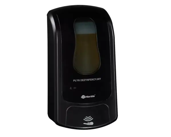 Bezdotykowy automatyczny dozownik płynu dezynfekcyjnego w sprayu, MERIDA ONE na jednorazowe wkłady 1000 ml, tworzywo ABS, czarny Automatyczny dozownik dezynfekcyjny Merida ONE na jednorazowy wkład 1000 ml