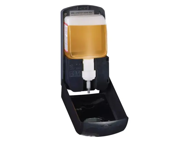 Bezdotykowy automatyczny dozownik płynu dezynfekcyjnego w sprayu, MERIDA ONE na jednorazowe wkłady 1000 ml, tworzywo ABS, czarny Dozownik Merida ONE z programowalną dawką i czujnikiem zbliżeniowym