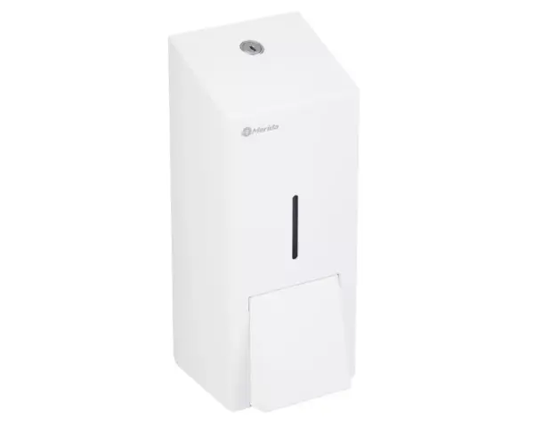Dozownik mydła w płynie MERIDA STELLA WHITE LINE MAXI, pojemność zbiornika 800 ml, biały Dozownik mydła MERIDA STELLA WHITE MAXI zamontowany na ścianie biały
