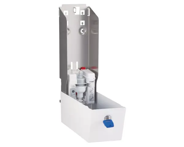 Bezdotykowy automatyczny dozownik mydła w pianie MERIDA STELLA AUTOMATIC SLIM WHITE LINE na jednorazowe wkłady 800 ml, biały Dozownik Merida Stella Slim frontowy widok biała stal nierdzewna
