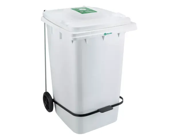 Kosz na zużyte ręczniki papierowe MERIDA ECO PAPER, biały, na kółkach otwierany przyciskiem pedałowym 240 l Kosz 240 l z pedałowym otwieraniem pokrywy i kółkami transportowymi