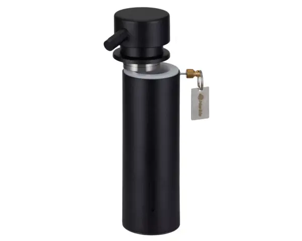 Dozownik mydła w płynie mocowany do blatu MERIDA STELLA BLACK LINE, pojemność zbiornika 300 ml, czarny Mosiężny dozownik mydła z czarną powłoką mocowany do blatu zamykany na kluczyk