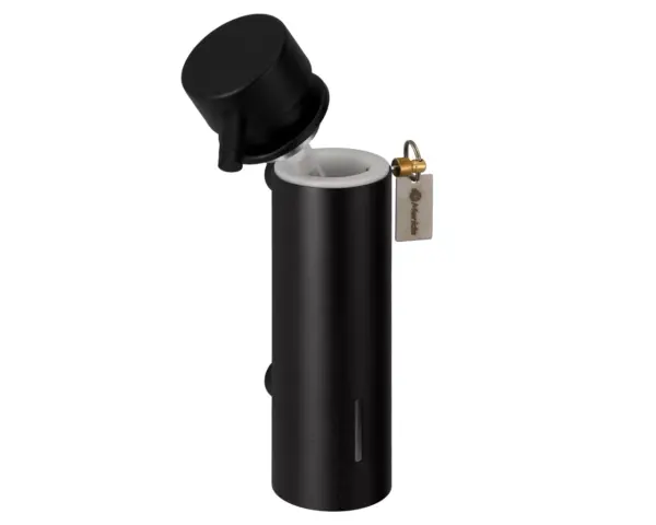 Dozownik mydła w płynie mocowany do ściany MERIDA STELLA BLACK LINE, pojemność zbiornika 300 ml, czarny Mosiężny dozownik mydła z czarną powłoką mocowany do ściany na kluczyk