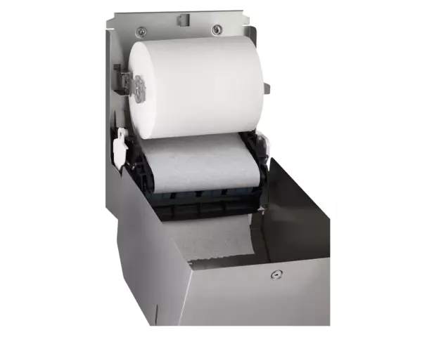 Mechaniczny podajnik ręczników papierowych w rolach MERIDA STELLA AUTOMATIC MAXI, stal matowa Podajnik ręczników ze spawanymi bokami i niewidocznymi zawiasami