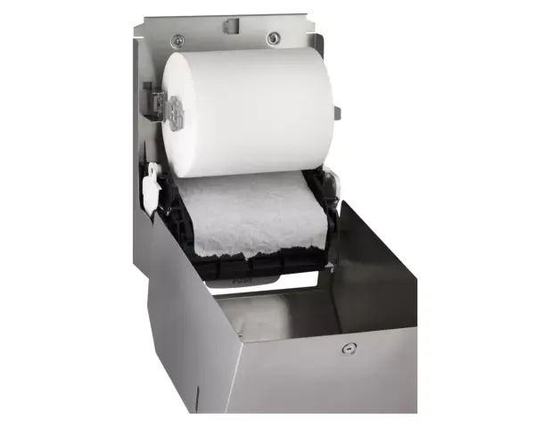Mechaniczny podajnik ręczników papierowych w rolach MERIDA STELLA AUTOMATIC MAXI Anti-FingerPrint , stal matowa z powłoką AFP Mechaniczny podajnik ręczników STELLA MAXI z zamkiem bębenkowym stal matowa
