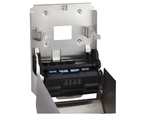Automatyczny bezdotykowy podajnik ręczników papierowych w rolach MERIDA STELLA Anti-FingerPrint AUTOMATIC MAXI, stal matowa z powłoką AFP Detal wskaźnika LED i zamka bębenkowego podajnika MERIDA STELLA MAXI