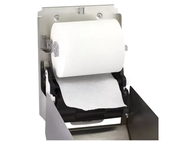 Automatyczny bezdotykowy podajnik ręczników papierowych w roli MERIDA STELLA AUTOMATIC MAXI, stal matowa Panel sterujący automatycznego podajnika ręczników z przełącznikami MODE i DELAY