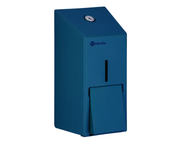 Dozownik mydła w płynie MERIDA STELLA BLUE LINE MINI, pojemność zbiornika 400 ml, niebieski Dozownik mydła Merida Mini z otwartą klapą i widocznym zbiornikiem