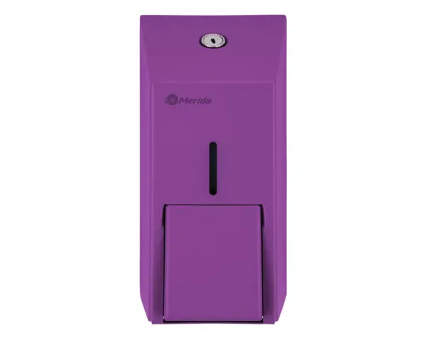Dozownik mydła w płynie MERIDA STELLA VIOLET LINE MINI, pojemność zbiornika 400 ml, fioletowy Stalowy zamek bębenkowy zlicowany z powierzchnią dozownika mydła MERIDA MINI
