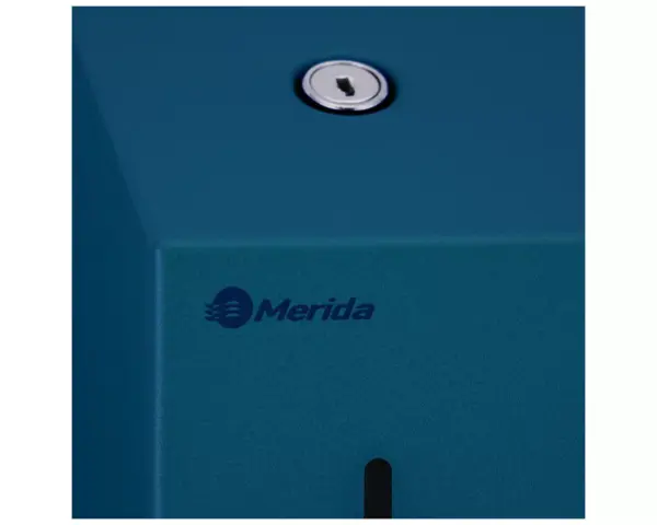 Dozownik mydła w płynie MERIDA STELLA BLUE LINE MINI, pojemność zbiornika 400 ml, niebieski Boczny widok dozownika mydła Merida Stella Blue Line stalowy zamek bębenkowy