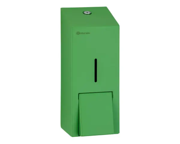 Dozownik płynu dezynfekcyjnego w sprayu MERIDA STELLA GREEN LINE, pojemność wkładów 1000 ml , zielony Zielony dozownik dezynfekcyjny MERIDA STELLA z wkładem 1000 ml widok frontalny