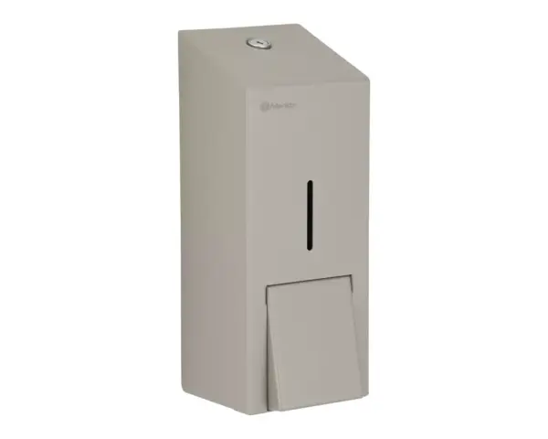 Dozownik płynu dezynfekcyjnego w sprayu MERIDA STELLA STONE GREY LINE, pojemność wkładów 1000 ml, szary kamienny Dozownik Merida Stella Stone Grey Line otwarty, widoczny zamek bębenkowy
