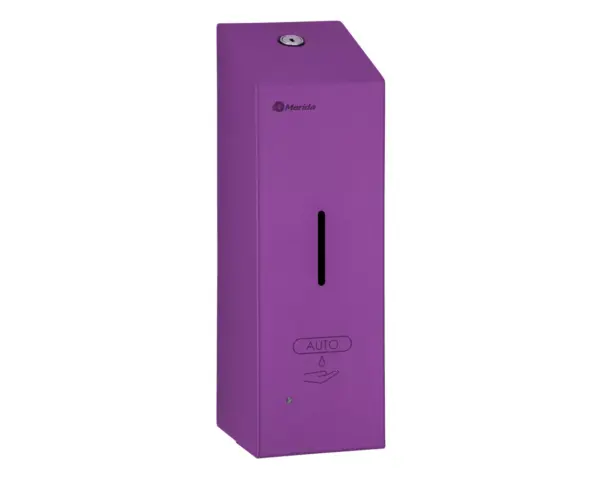 Bezdotykowy automatyczny dozownik mydła w pianie MERIDA STELLA AUTOMATIC SLIM VIOLET LINE na jednorazowe wkłady 800 ml, fioletowy Dozownik Merida Stella Slim Violet z otwartą pokrywą i widocznym wkładem