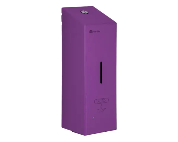 Bezdotykowy automatyczny dozownik mydła w pianie MERIDA STELLA AUTOMATIC SLIM VIOLET LINE na jednorazowe wkłady 800 ml, fioletowy Bezdotykowy dozownik mydła ze stalowym zamkiem bębenkowym, widok z boku