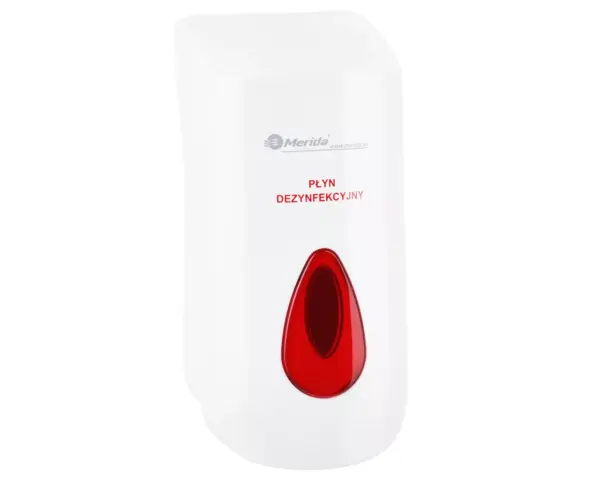 Dozownik płynu dezynfekcyjnego MERIDA TOP MAXI na jednorazowe wkłady 1000 ml, tworzywo ABS, biały, okienko czerwone Biały dozownik płynu dezynfekcyjnego MERIDA TOP MAXI z czerwonym okienkiem