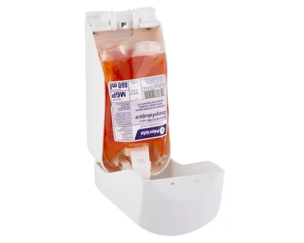 Dozownik mydła w płynie lub kremu do rąk MERIDA TOP MAXI na jednorazowe wkłady 880 ml, tworzywo ABS, biały, okienko niebieskie Dozownik MERIDA TOP MAXI dozowanie łokciem pokrywa przednia jako przycisk