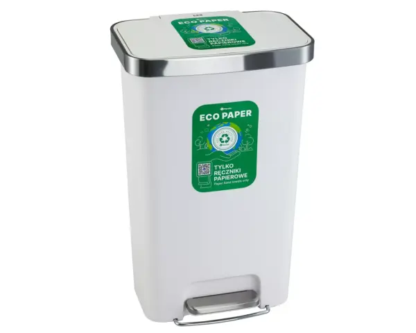Kosz pedałowy MERIDA ECO PAPER, pojemność 50 l, tworzywo sztuczne, biały Plastikowy kosz pedałowy Merida Eco Paper biały 50 litrów