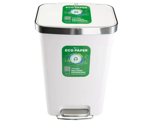 Kosz pedałowy MERIDA ECO PAPER, pojemność 50 l, tworzywo sztuczne, biały Kosz Eco Paper 50 l z widoczną stalową ramką i pedałem