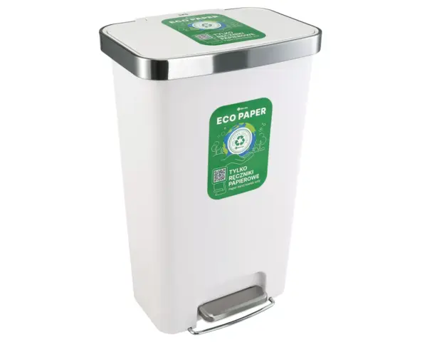 Kosz pedałowy MERIDA ECO PAPER, pojemność 50 l, tworzywo sztuczne, biały Biały kosz pedałowy Eco Paper wolnoopadająca pokrywa z boku