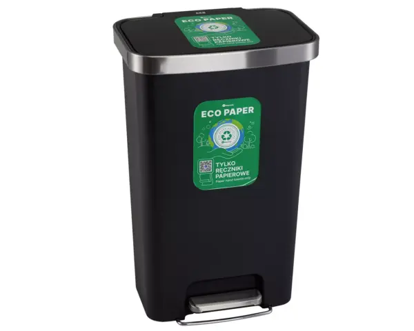 Kosz pedałowy MERIDA ECO PAPER, pojemność 50 l, tworzywo sztuczne, czarny Plastikowy kosz pedałowy czarny Eco Paper z kółkami jezdnymi