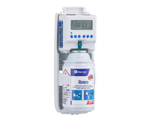 Elektroniczny odświeżacz powietrza LCD MERIDA HARMONY, tworzywo, biały transparentny Odświeżacz Merida Harmony LCD z zamontowanym wkładem zapachowym w środku