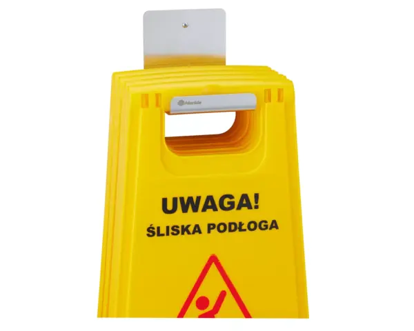 Wieszak do powieszenia tablicy "ŚLISKA PODŁOGA" Wieszak GSM051 z wiadrem i akcesoriami sprzątającymi