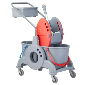 Wózek dwuwiadrowy HFV101 – 2×15 L, kuweta 8 L, czerwona prasa szczękowa, koła Ø80 mm, tworzywo z recyklingu.
