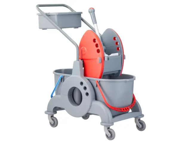 Wózek serwisowy do sprzątania, dwuwiadrowy, 2× wiadro 15 l, kuweta 8 l, czerwona prasa Wózek dwuwiadrowy HFV101 – 2×15 L, kuweta 8 L, czerwona prasa szczękowa, koła Ø80 mm, tworzywo z recyklingu.