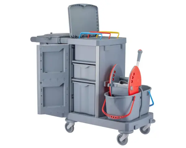 Wózek serwisowy do sprzątania, MERIDA OPERA, 2 x wiadro 15 l, kuweta 20 l, kuweta 40 l, 3 x wiaderko 7 l, uchwyt na worek 120 l z pokrywą Modułowy wózek serwisowy Merida Opera z kuwetą 40 l i akcesoriami