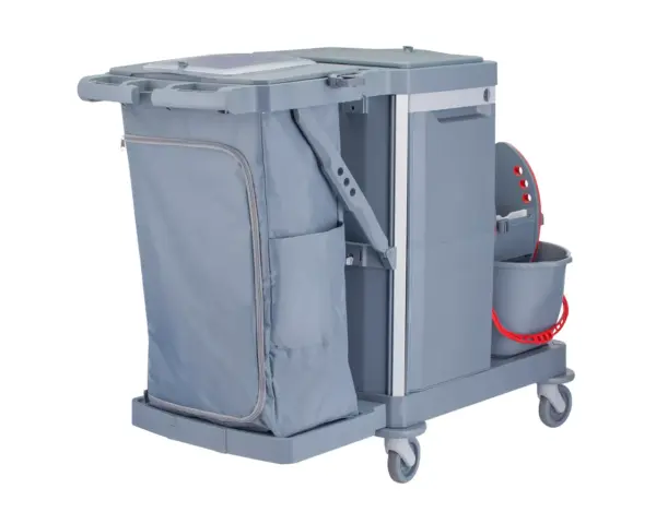 Wózek serwisowy do sprzątania, MERIDA OPERA, 2 x wiadro 15 l, kuweta 20 l, kuweta 40 l, 3 x wiaderko 7 l, uchwyt na worek 120 l z pokrywą Wózek sprzątający Merida Opera z uchwytem FixT i znakiem bezpieczeństwa