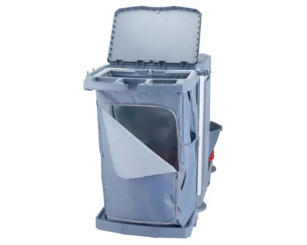 Wózek serwisowy do sprzątania, MERIDA OPERA, 2 x wiadro 15 l, kuweta 20 l, kuweta 40 l, 3 x wiaderko 7 l, uchwyt na worek 120 l z pokrywą Wózek serwisowy Merida Opera z przezroczystym uchwytem na dokumenty
