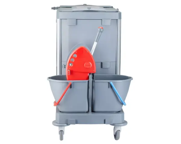 Wózek serwisowy do sprzątania, MERIDA OPERA, 2 x wiadro 15 l, kuweta 20 l, kuweta 40 l, 3 x wiaderko 7 l, uchwyt na worek 120 l z pokrywą Wózek sprzątający Merida Opera z wiaderkami 7 l w kodowaniu kolorami