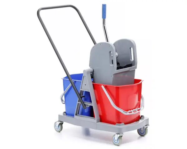 Wózek serwisowy do sprzątania, dwuwiadrowy, 2× wiadro 17 l, koszyk metalowy czarny, prasa do mopów Dwuwiadrowy wózek sprzątający z czarnym koszem metalowym i prasą