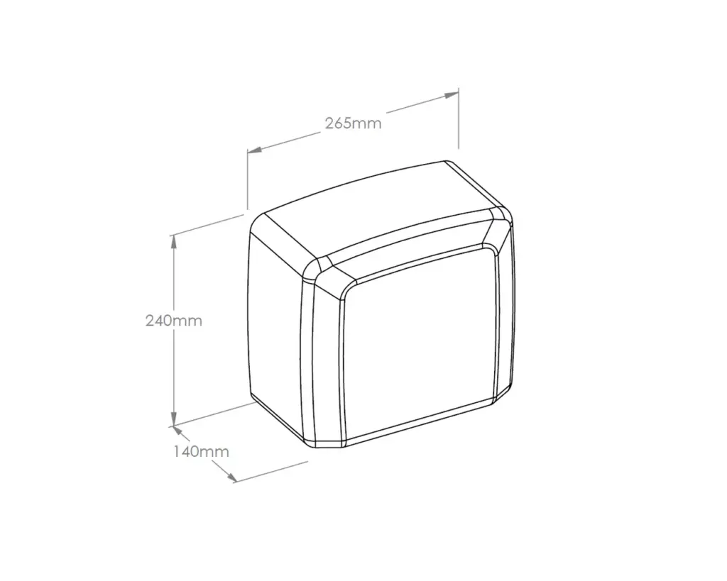 Rysunek izometryczny suszarki do rąk MERIDA CUBEFLOW PLUS z wymiarami