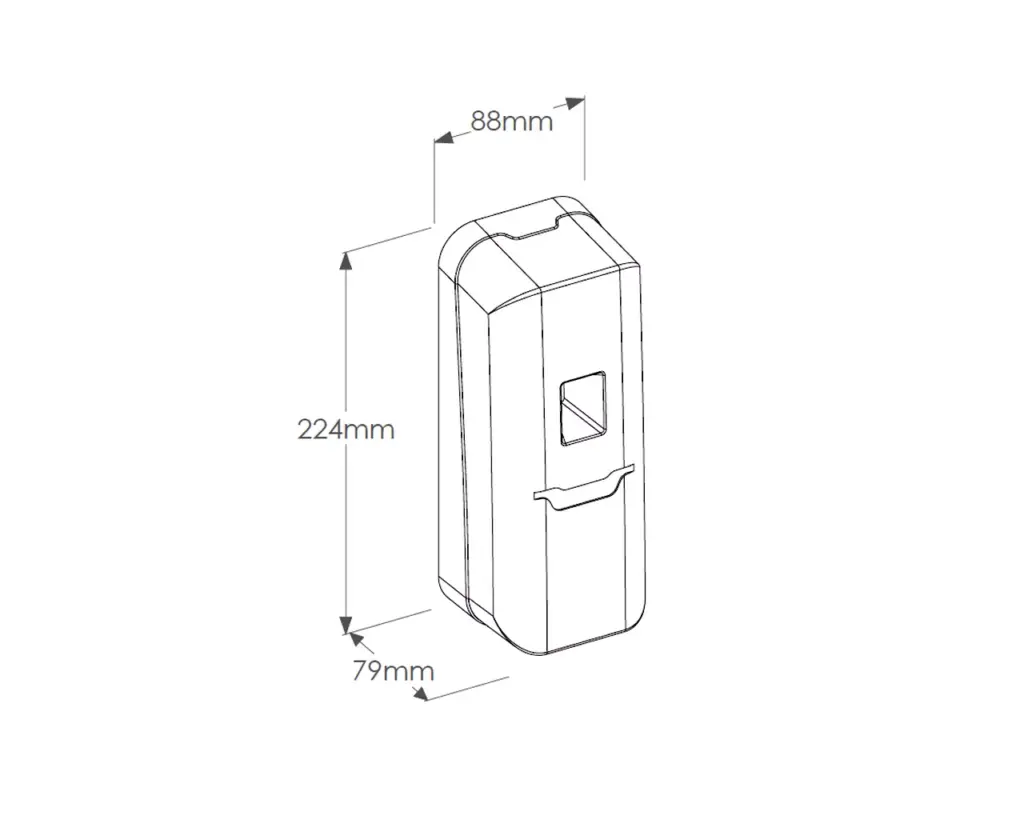 Rysunek izometryczny odświeżacza powietrza Merida Harmony LCD z wymiarami