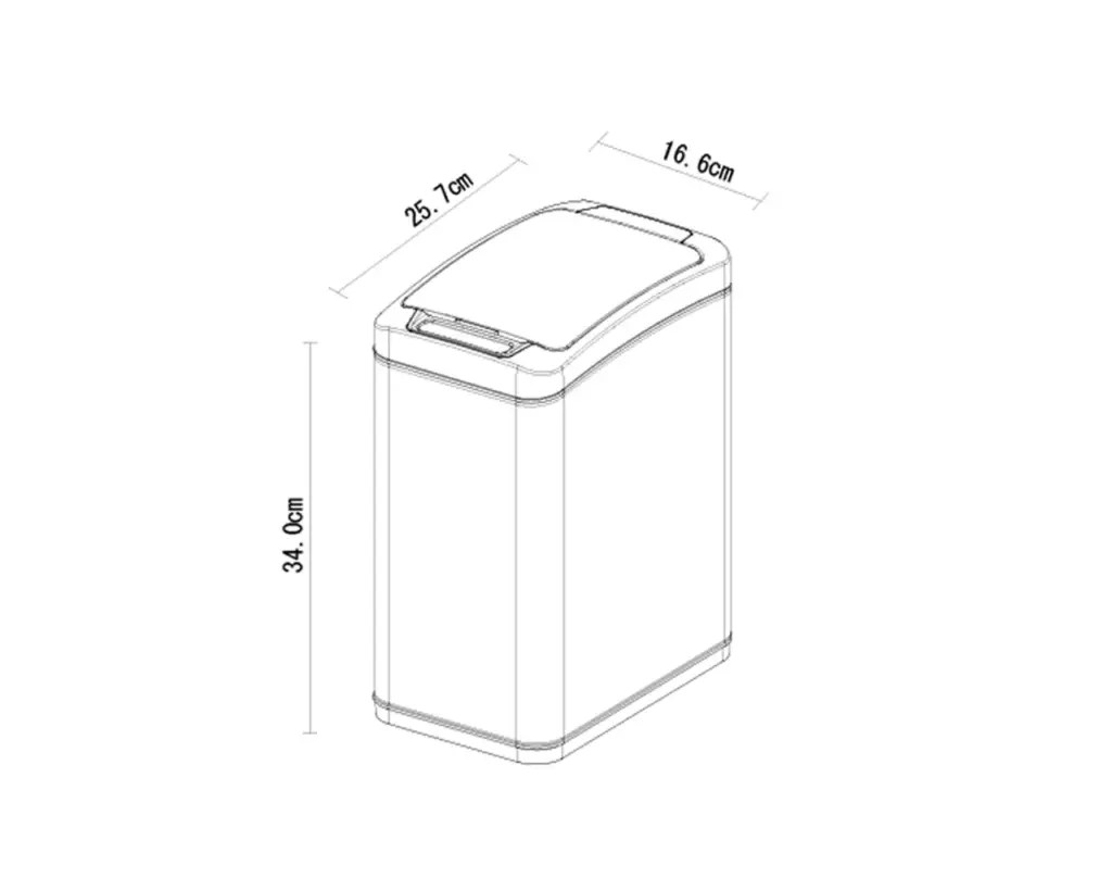 Rysunek izometryczny kosza automatycznego SENSOR 8 l z wymiarami