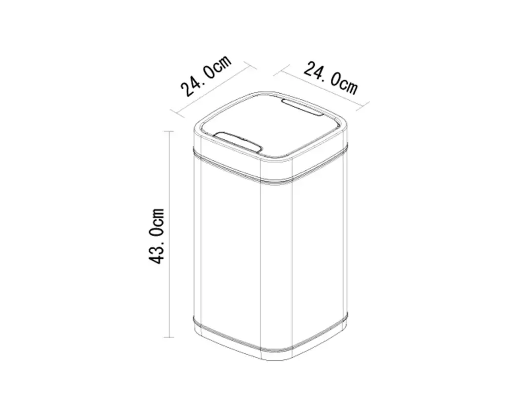 Rysunek izometryczny kosza bezdotykowego SENSOR 12 l z wymiarami