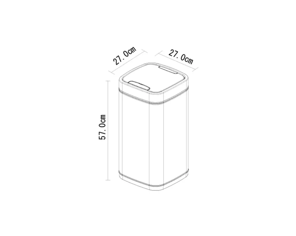 Rysunek izometryczny kosza automatycznego SENSOR 21 l z wymiarami