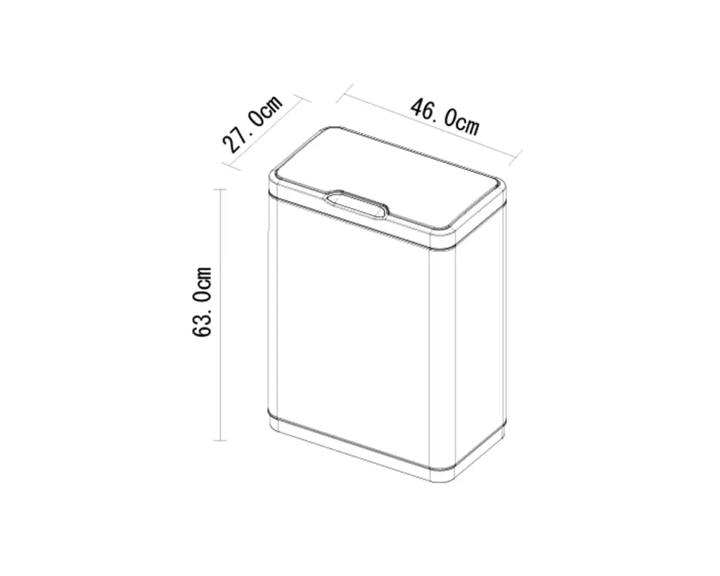 Rysunek izometryczny kosza bezdotykowego SENSOR 45 l z wymiarami