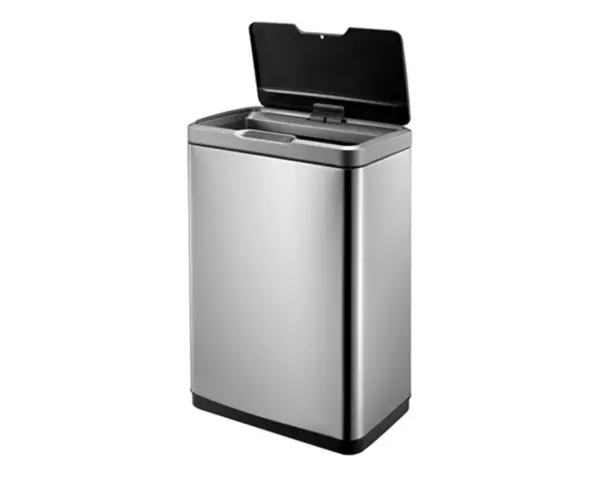 Kosz automatyczny SENSOR, bezdotykowy, prostokątny, szeroki, stal matowa 45 l Kosz SENSOR 45 l z otwartą pokrywą i widocznym wiadrem wewnętrznym