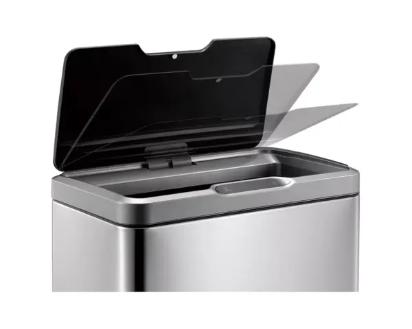 Kosz automatyczny SENSOR, bezdotykowy, prostokątny, szeroki, stal matowa 45 l Pokrywa kosza SENSOR z chowanym zaczepem i czujnikiem zbliżeniowym