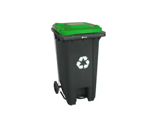 Kosz na odpady SZARY, na kółkach, otwierany przyciskiem pedałowym 120 l, bez pokrywy Pojemnik na odpady 120 l z zieloną pokrywą otwierany pedałem