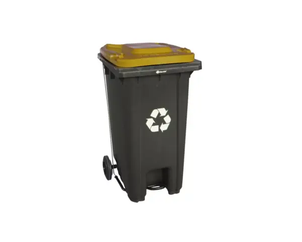 Kosz na odpady SZARY, na kółkach, otwierany przyciskiem pedałowym 120 l, bez pokrywy Kosz na odpady 120 l z żółtą pokrywą na kółkach