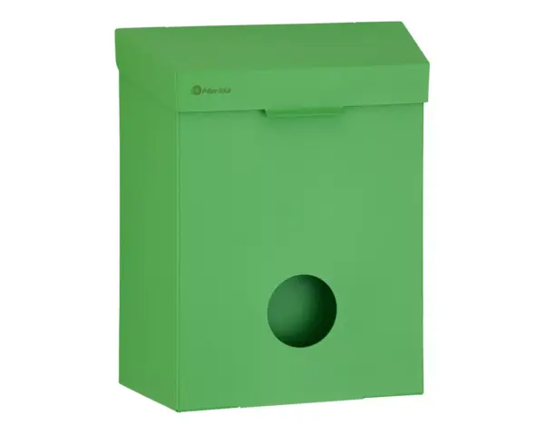 Kosz do damskich toalet MERIDA STELLA GREEN LINE z pojemnikiem na torebki higieniczne, pojemność 4,4 l, zielony Zielony kosz ze stali nierdzewnej do damskich toalet, mocowany do ściany
