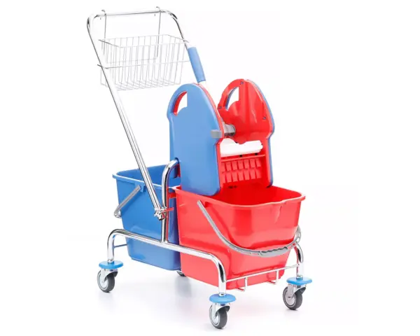 Wózek serwisowy do sprzątania, dwuwiadrowy, 2× wiadro 20 l, chromowany, koszyk metalowy, prasa do mopów Dwuwiadrowy wózek serwisowy chromowany z prasą do mopów i koszem metalowym