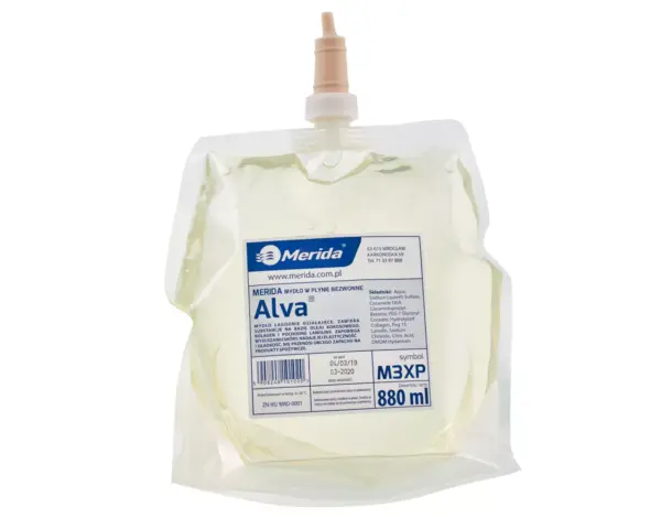 Specjalistyczne mydło w płynie dla przemysłu spożywczego MERIDA ALVA BEZWONNE, wkład jednorazowy 880ml, bez zapachu Mydło w płynie MERIDA ALVA bezwonne dla przemysłu spożywczego 880ml